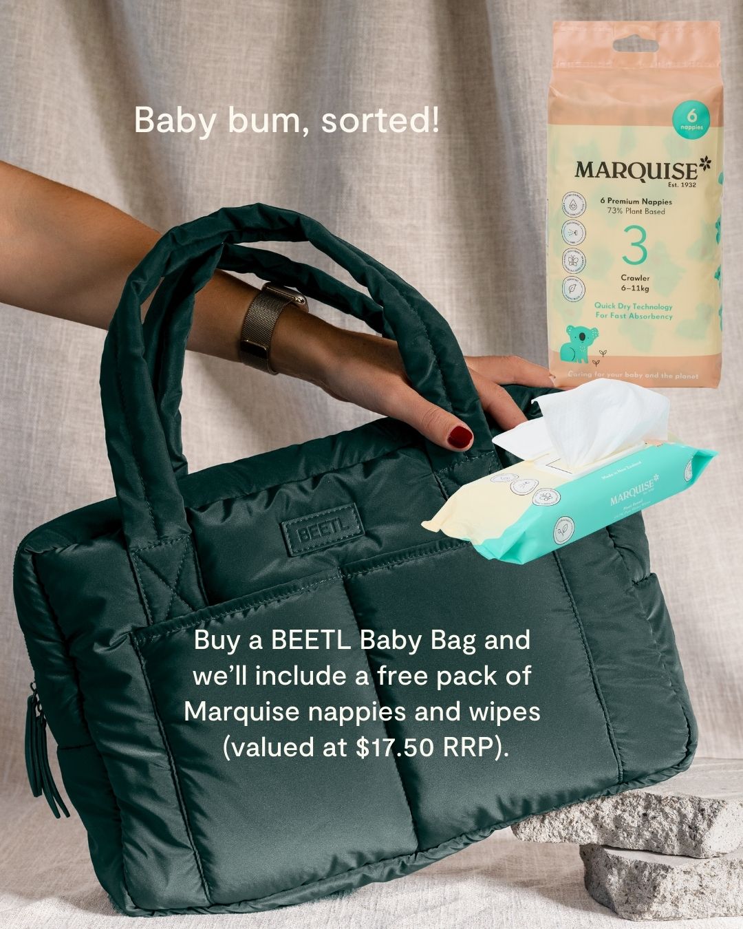Free Marquise Nappies and Wipes (RRP $18) with all baby bag orders
